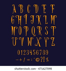 Retro alphabet. Set of letters in vintage halloween cartoon style isolated on dark blue background. Vector illustration