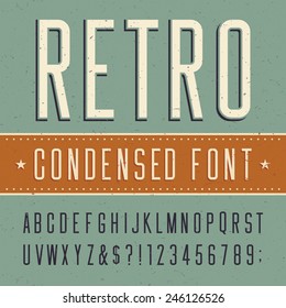 Retro alphabet vector condensed font. Type letters, numbers and punctuation marks. Scratched background