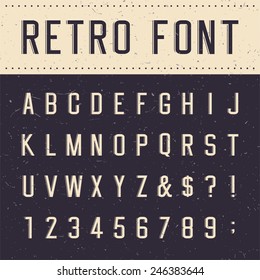 Retro alphabet vector font. Type letters, numbers and punctuation marks. Scratched background.