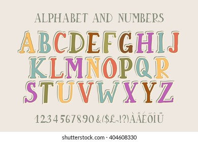 Retro alphabet vector font. Type letters, numbers and punctuation marks. Scratched background.