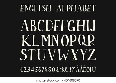 Retro alphabet vector font. Type letters, numbers and punctuation marks. Scratched background.