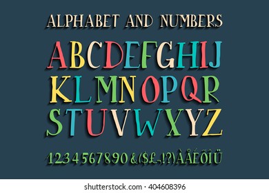 Retro alphabet vector font. Type letters, numbers and punctuation marks. Scratched background.