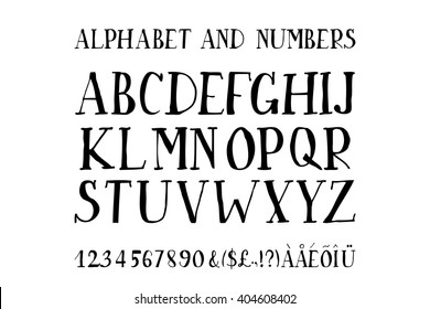 Retro alphabet vector font. Type letters, numbers and punctuation marks. Scratched background.