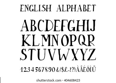 Retro alphabet vector font. Type letters, numbers and punctuation marks. Scratched background.