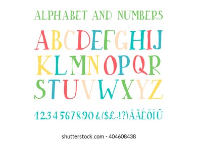 Retro alphabet vector font. Type letters, numbers and punctuation marks. Scratched background.