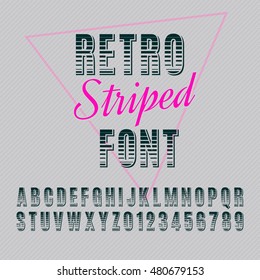 Retro alphabet vector font. Type letters and numbers. Striped font.