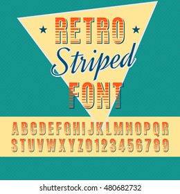 Retro alphabet vector font. Type letters and numbers. Striped font.