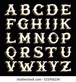 Retro alphabet in western style with lines shadow. Vector font for barber shop labels, sport posters, jewelry cards etc.