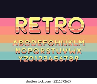 Retro alphabet in yellow and orange stripes. Vector round and bold font. Cartoon, anime, videogames and other subjects