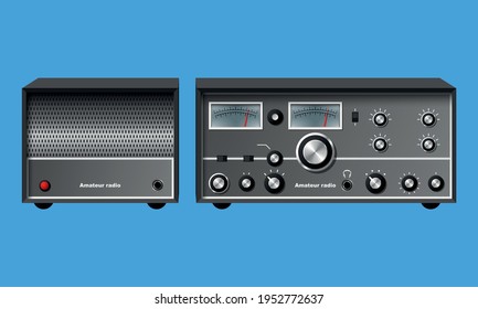 Retro amateur radio station vector illustration isolated on blue background.