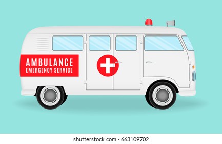 Retro ambulance car. Emergency medical service vehicle. Hospital transport. Flat style vector illustration.