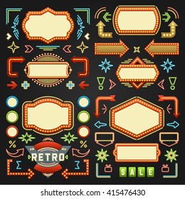 Retro American 1950s Sign Design Elements Set. Billboard Signage Light Bulbs, Frames, Arrows, Icons, Neon Lamps. For Advertising, Poster Retro Sign. Vector Illustration.