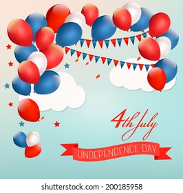 Retro american background with colorful balloons for 4th of July in blue sky. Vector.