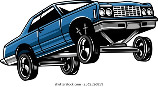 Retro American Blue Lowrider Muscle Bouncing Car Cartoon Illustration