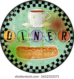 sinal retro-americano diner com cachorro-quente, fast food vintage sinal conceito, usado e resistido, vetor eps ilustração
