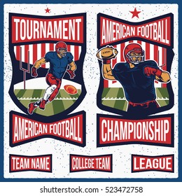 Retro American Football labels, emblems and insignias vector illustration. Isolated artwork object. Suitable for and any print and on-line media need.
