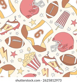 Retro American football team equipment Game Day vector seamless pattern. Boyish Sports Sporty Boy background.