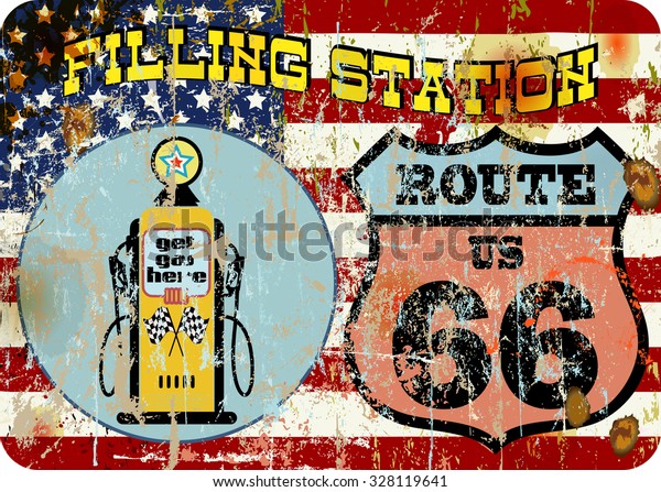 retro american gas station route sixty\
six sign, super grunge vector, fictional\
artwork