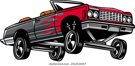 Retro American Lowrider Muscle Bouncing Car Cartoon Illustration