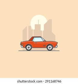 Retro american muscle car in city. Line art vector cartoon illustration