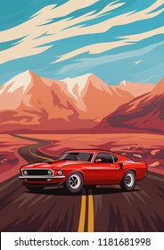 Retro american muscle car poster. Illustration with car standing on road near mountains.