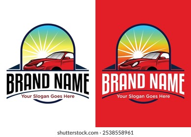 Retro american muscle car with sunrise illusration logo design