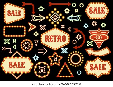 Bannières et étiquettes de vente vintage au néon américain rétro avec des designs dynamiques qui attirent l'attention