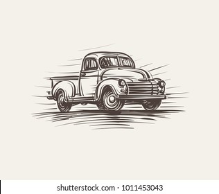 Retro American Pickup Truck hand drawn illustration. Vector. 
