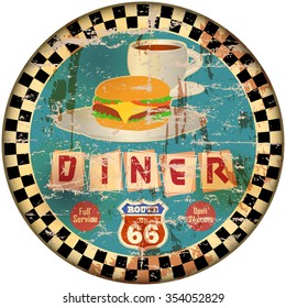 retro american route sixty six diner sign, vector Illustration, fictional artwork