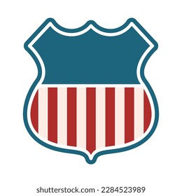 Retro American shield emblem with copy space. USA flag symbol with red stripes. Patriotism, election, Independence Day concept. Sport team logo blank template. Vector illustration, flat, clip art.  