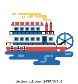 Retro american steam boat in flat design. Red ferry steamer icon.