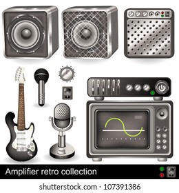 Retro amplifier elements, with guitar and microphones.