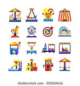 Retro amusement park icons set with swing roundabout castle train and  equipment of playground isolated vector illustration