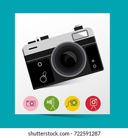 Retro Analog Photo Camera with Photography Icons. Vector.
