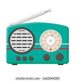 Retro analog radio receiver isolated on white background. Vintage or old-fashioned portable electronic device with antenna and loudspeaker for music listening. Realistic colorful vector illustration.