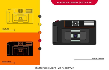 Retro analoge SLR-Kamera, Vektorsatz mit Kontur, Silhouette und Farbstilen. Perfekt für Design-, Druck- und digitale Projekte.