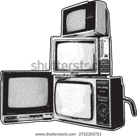 Retro Analog Television Set Stack Illustration, four CRT television sets stacked together. The graphic captures the grainy aesthetic of mid-century and 80s broadcast technology with detailed dials.
