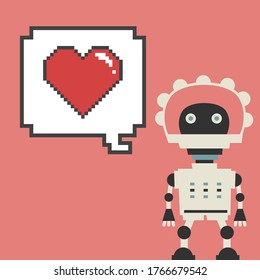 Retro android robot with pixel heart.Vector illustration of retro robot collection series.