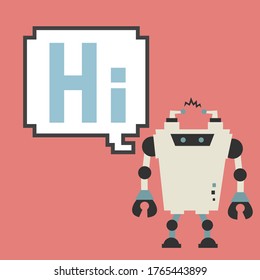 Retro android robot say hi. Vector illustration of retro robots talking series.