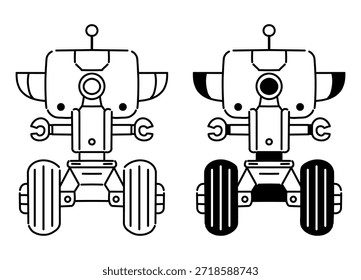 Ilustração de vetor preto-e-branco do robô de trabalho estilo Android retrô (Line Art e versão colorida)