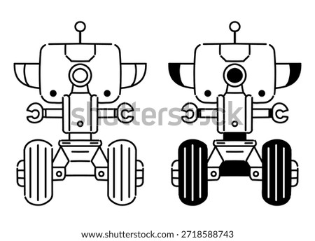 Retro Android-Style Work Robot Black-and-White Vector Illustration (Line Art and Colored Version)