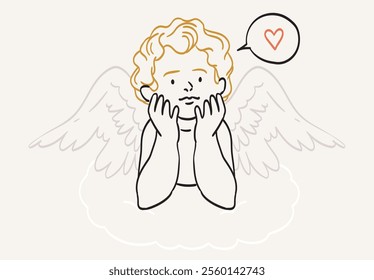 Retro angel baby cupid illustration. Isolated vintage cute cherub drawing, retro little angel with wings resting on cloud doodle line art tattoo style for poster, placard or wedding invitation design.