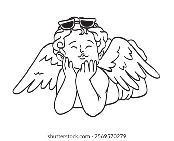 Retro angel baby cupid illustration. Isolated vintage cute cherub drawing, retro little angel with wings wearing sunglasses doodle line art tattoo style for poster, placard, wedding invitation design.