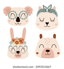 Retro animal face clipart. Groovy animal head clipart in cartoon flat style. Retro clip art. Hand drawn illustration