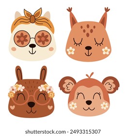 Retro animal face clipart. Groovy animal head clipart in cartoon flat style. Retro clip art. Hand drawn illustration