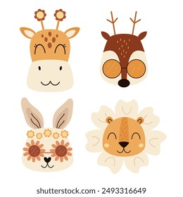 Retro animal face clipart. Groovy animal head clipart in cartoon flat style. Retro clip art. Hand drawn illustration