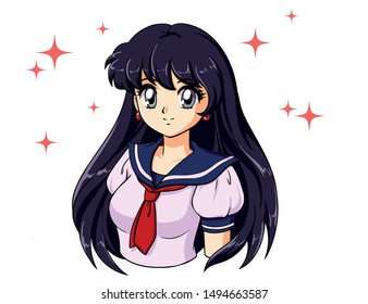 Garota de anime retrô com cabelo preto em uniforme escolar japonês. Ilustração vetorial desenhada à mão no estilo anime dos anos 90. Pode ser usado para avatar, livro de colorir, jogos para celular etc.