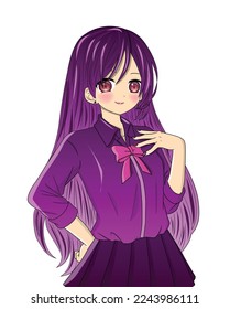 Retro anime girl with black hair in japanese school uniform. hand drawn vector illustration. Can be used for avatar, coloring book, mobile games etc.
