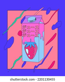 Retro anime style illustration of a strawberry juice pack. Vaporwave and citypop aesthetics. Japanese text means "Juice".
