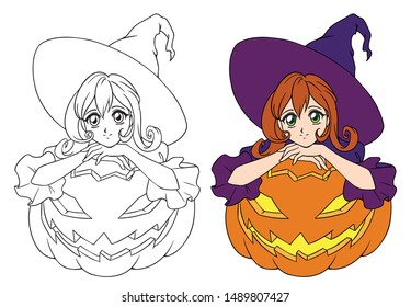 Retro anime witch sitting on Jack o'lantern. Hand drawn vector illustration for coloring book, children games, Halloween greeting, invitation cards, t shirt design. 